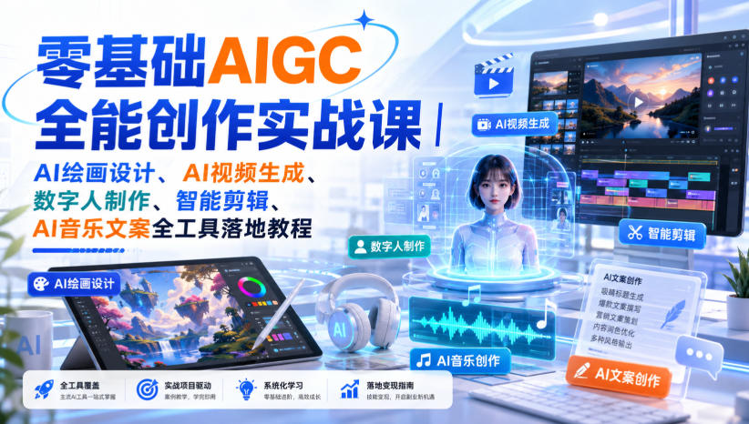 零基础AIGC全能创作实战课|AI绘画设计、AI视频生成、数字人制作、智能剪辑、AI音乐文案全工具落地教程-百盟网