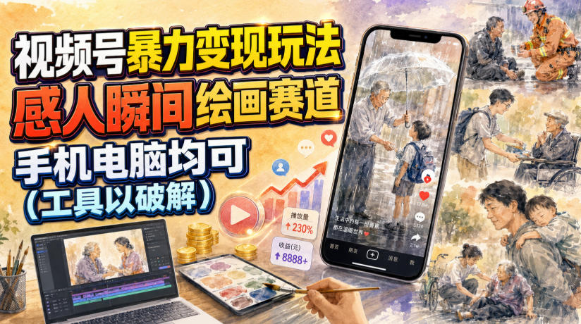 视频号暴力变现玩法，感人瞬间绘画赛道，手机电脑均可-百盟网