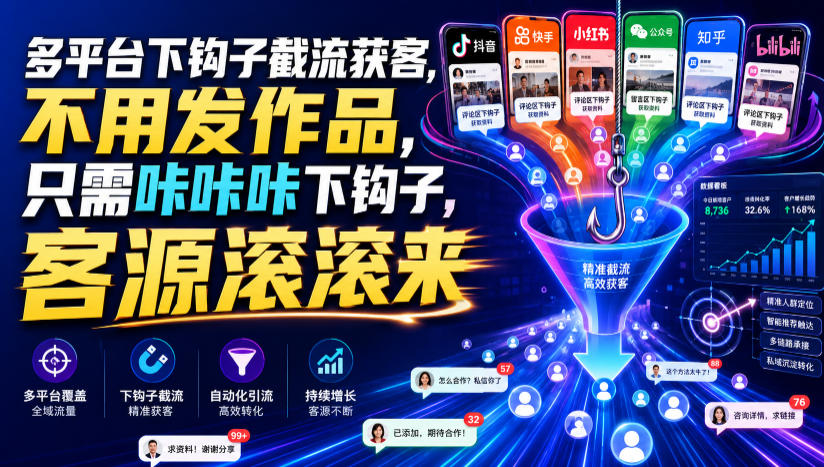 多平台下钩子截流获客，不用发作品，只需咔咔咔下钩子，客源滚滚来-百盟网