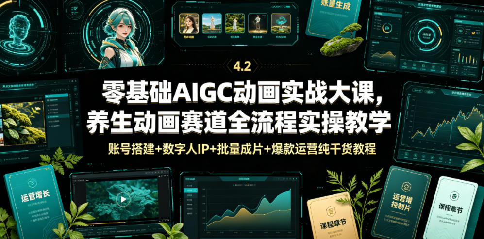 零基础AIGC动画实战大课，养生动画赛道全流程实操教学，账号搭建+数字人IP+批量成片+爆款运营纯干货教程-百盟网