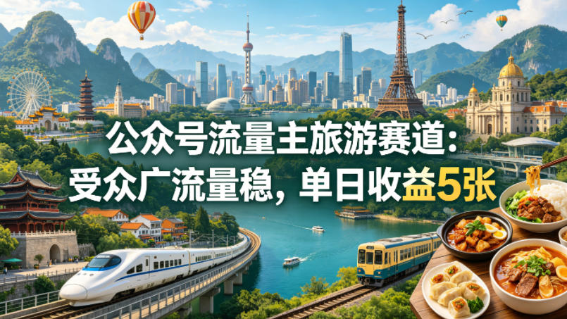 公众号流量主之旅游赛道，受众广+流量稳，平均单日收益5张+-百盟网
