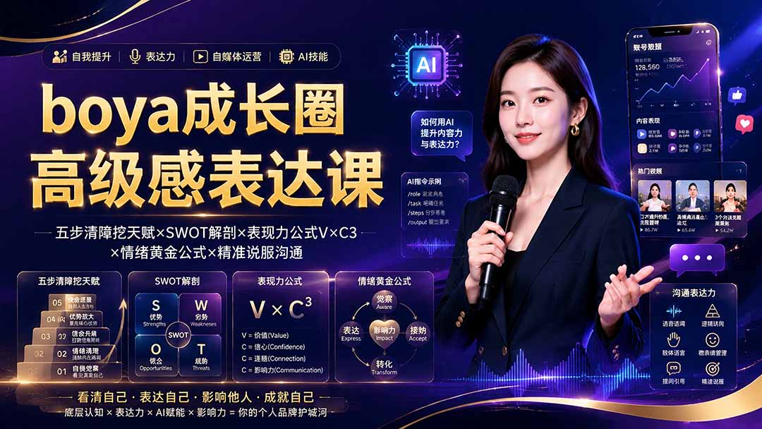 boya成长圈|内心成长高级表达AI自媒体三合一,消解内耗挖掘天赋,镜头沟通AI指令短视频全流程教学-百盟网