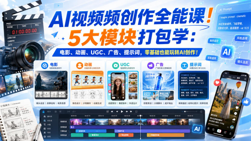 AI视频频创作全能课!5大模块打包学:电影、动画、UGC、广告、提示词,零基础也能玩转AI创作!【原创双语字幕】-百盟网