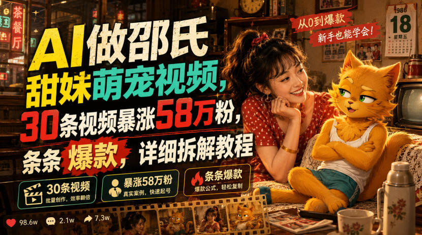 AI做邵氏甜妹萌宠视频，30条视频暴涨58万粉，条条爆款，详细拆解教程-百盟网