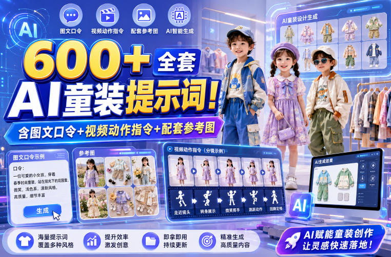 600+全套AI童装提示词!含图文口令+视频动作指令+配套参考图,Word-Excel规整分类,童装电商、种草无脑量产内容!-百盟网