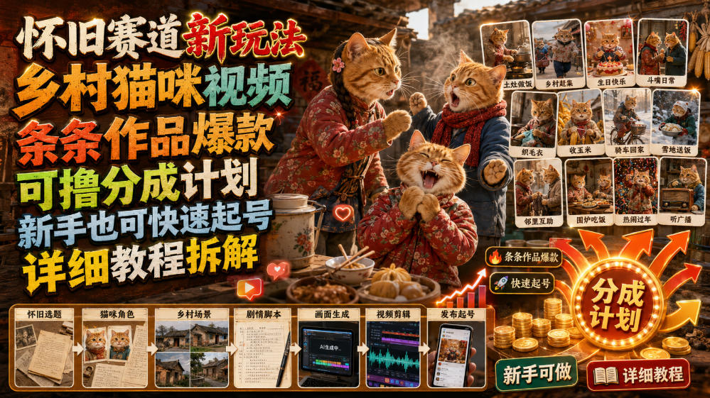 怀旧赛道新玩法，乡村猫咪视频，条条作品爆款，可撸分成计划，新手也可快速起号，详细教程拆解-百盟网