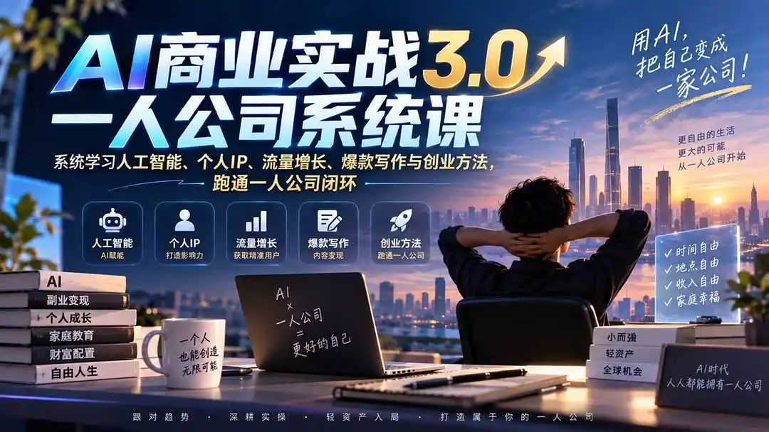 AI商业实战3.0一人公司系统课：系统学习人工智能、个人IP、流量增长、爆款写作与创业方法，跑通一人公司闭环-百盟网