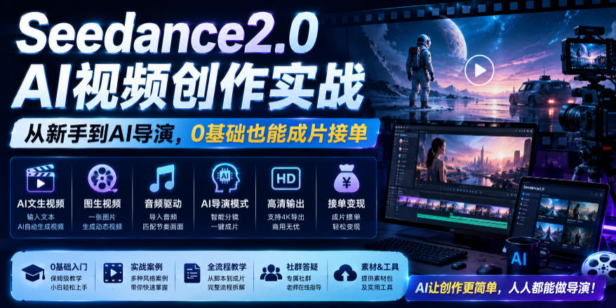 Seedance2.0 AI视频创作实战，从新手到AI导演，0基础也能成片接单变现-百盟网