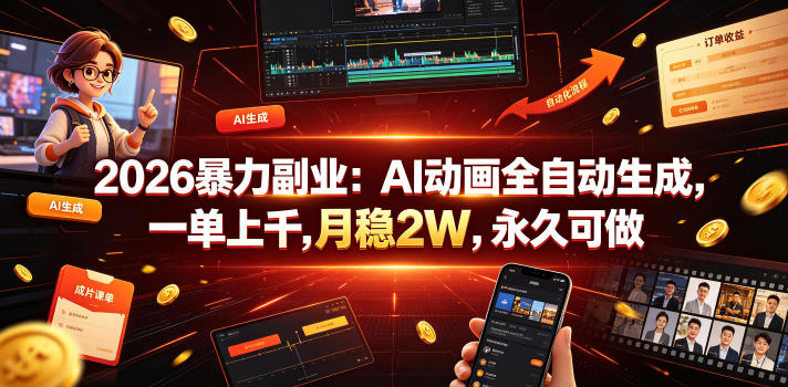 2026暴力副业：AI动画全自动生成，一单上千，月稳2W，永久可做【揭秘】-百盟网