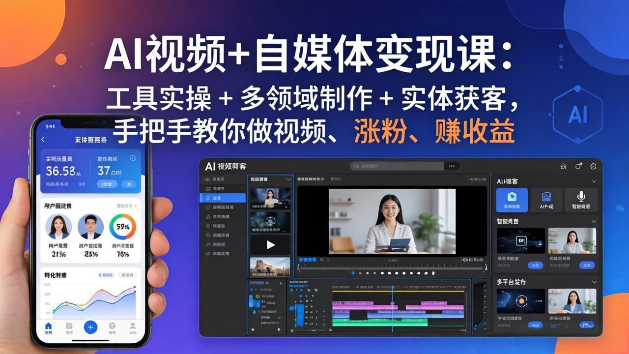 AI视频+自媒体变现课：工具实操 + 多领域制作 + 实体获客，手把手教你做视频、涨粉、赚收益-百盟网