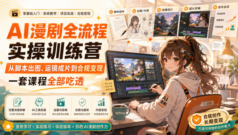 AI漫剧全流程实操训练营,从脚本出图、运镜成片到合规变现,一套课程全部吃透-百盟网