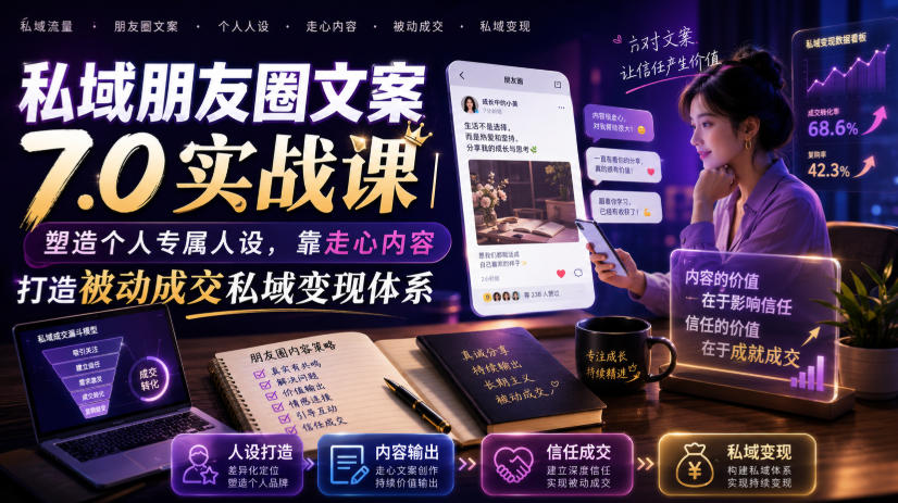 私域朋友圈文案7.0实战课｜塑造个人专属人设，靠走心内容打造被动成交私域变现体系-百盟网