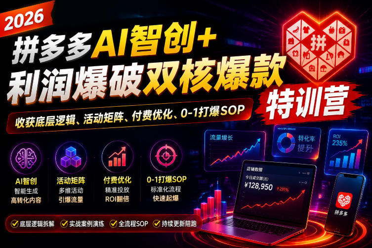 2026拼多多AI智创+利润爆破双核爆款特训营，收获底层逻辑、活动矩阵、付费优化、0-1打爆SOP(更新0727)-百盟网