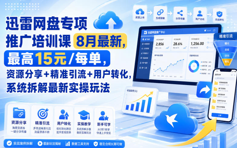 迅雷网盘专项推广培训课8月最新,最高15米/每单,资源分享+精准引流+用户转化,系统拆解最新实操玩法(更新0824)-百盟网