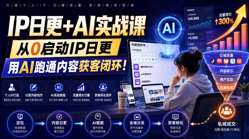 IP日更+AI实战课,从0启动IP日更,IP置顶视频制作+100条选题库搭建+10条日更规划,用AI跑通内容获客闭环!-百盟网
