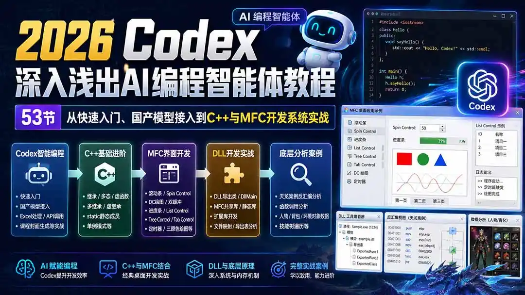 2026 Codex深入浅出AI编程智能体教程：53节从快速入门、国产模型接入到C++与MFC开发系统实战-百盟网