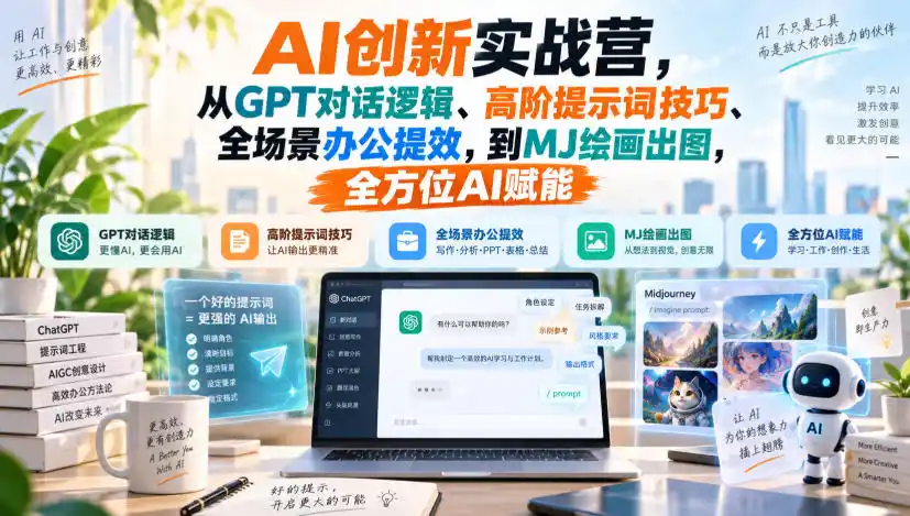 AI创新实战营，从GPT对话逻辑、高阶提示词技巧、全场景办公提效，到MJ绘画出图，全方位AI赋能-百盟网