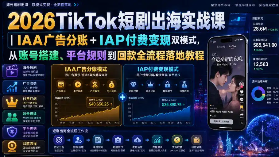 2026TikTok短剧出海实战课｜IAA广告分账+IAP付费变现双模式，从账号搭建、平台规则到回款全流程落地教程-百盟网