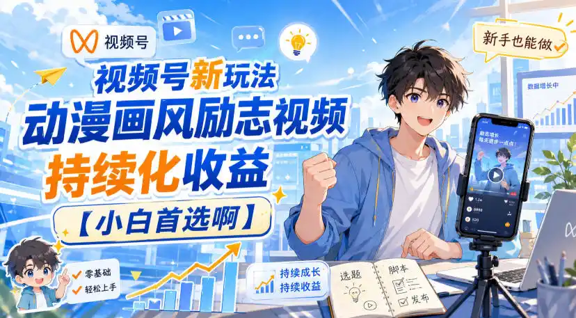 视频号新玩法动漫画风励志视频，持续化收益【小白首选啊】-百盟网
