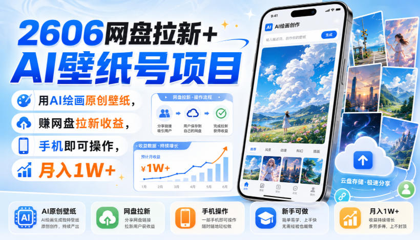 2606网盘拉新+AI壁纸号项目，用AI绘画原创壁纸，賺网盘拉新收益，手机即可操作，月入1W+-百盟网