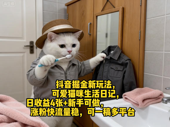 抖音掘金新玩法，可爱猫咪生活日记，日收益4张+新手可做，涨粉快流量稳，可一稿多平台-百盟网