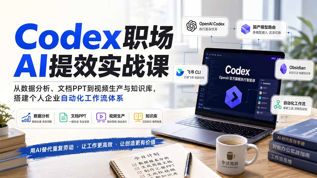Codex职场AI提效实战课:从数据分析、文档PPT到视频生产与知识库,搭建个人企业自动化工作流体系-百盟网
