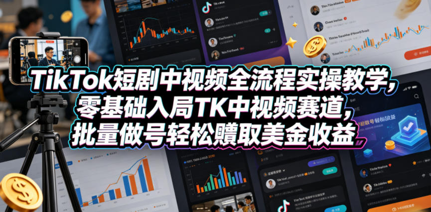 TikTok短剧中视频全流程实操教学,零基础入局TK中视频赛道,批量做号轻松賺取美金收益-百盟网