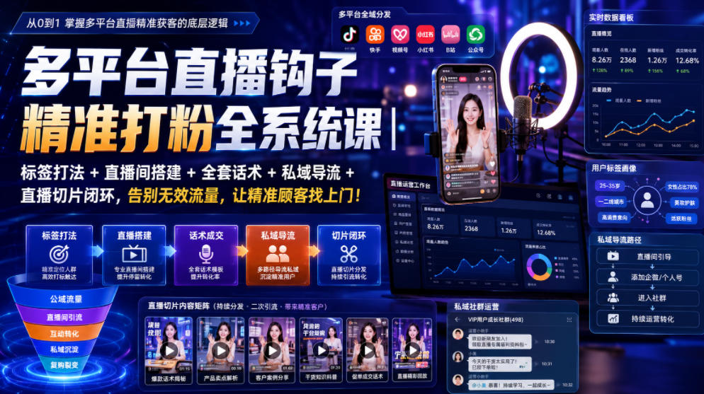 多平台直播钩子精准打粉全系统课|标签打法+直播间搭建+全套话术+私域导流+直播切片闭环,告别无效流量,让精准顾客找上门!-百盟网