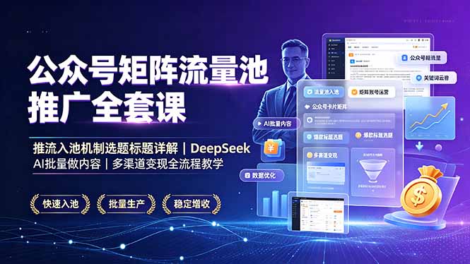 公众号矩阵流量池推广全套课，推流入池机制选题标题详解，DeepSeek AI批量做内容，多渠道变现全流程教学-百盟网
