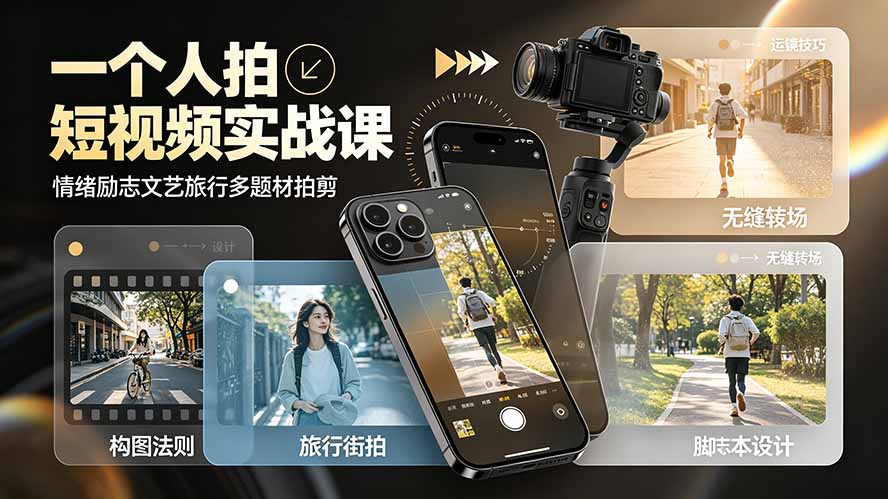 一个人拍短视频实战课：情绪励志文艺旅行多题材×五大景别×黄金构图×八大运镜，从拍摄到成片高效创作-百盟网