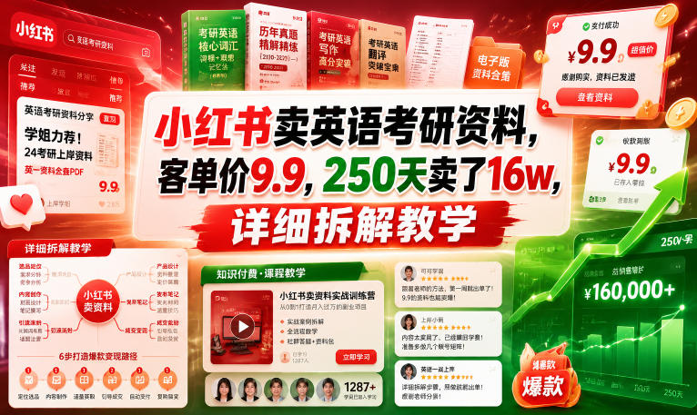小红书卖英语考研资料，客单价9.9，250天卖了16w，详细拆解教学-百盟网