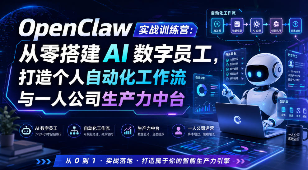 OpenClaw实战训练营：从零搭建AI数字员工，打造个人自动化工作流与一人公司生产力中台-百盟网