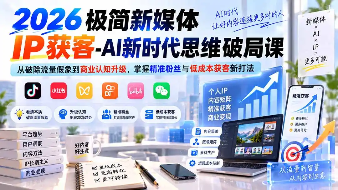 2026极简新媒体IP获客-AI新时代思维破局课：从破除流量假象到商业认知升级，掌握精准粉丝与低成本获客新打法-百盟网