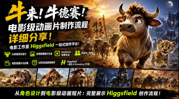 牛来！牛德赛！电影级动画片制作流程详细分享！电影工作室Higgsfield一站式创作平台，完整创作流程-百盟网