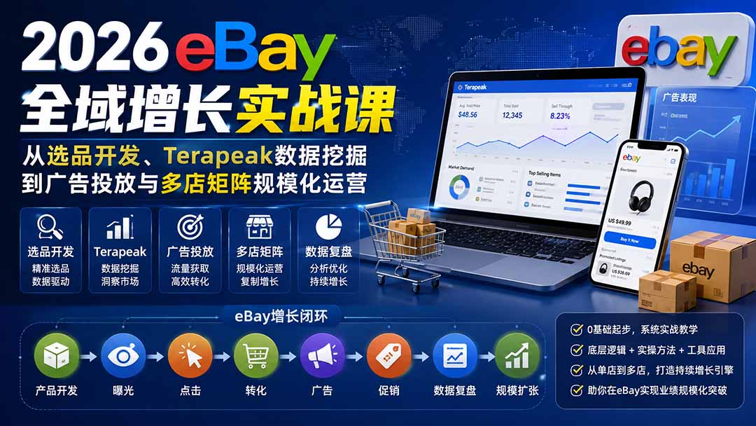 2026-Vincent eBay全域增长实战课-无水印:从选品开发、Terapeak数据挖掘到广告投放与多店矩阵规模化运营-百盟网