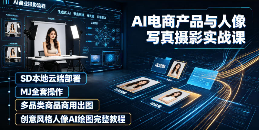 AI电商产品与人像写真摄影实战课｜SD本地云端部署、MJ全套操作、多品类商品商用出图、创意风格人像AI绘图完整教程-百盟网