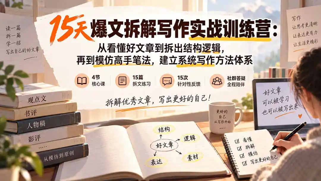 15天爆文拆解写作实战训练营：从看懂好文章到拆出结构逻辑，再到模仿高手笔法，建立系统写作方法体系