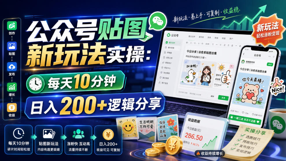 公众号贴图新玩法实操，每天10分钟，日入200+逻辑分享-百盟网