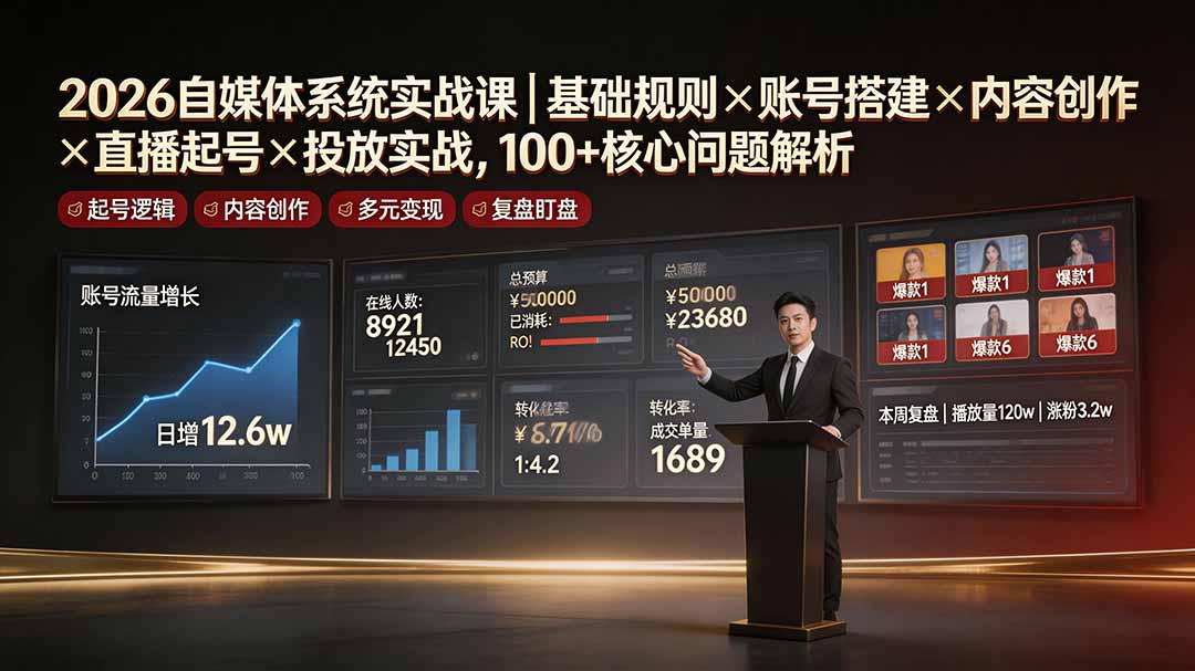2026自媒体系统实战课｜基础规则×账号搭建×内容创作×直播起号×投放实战，100+核心问题解析-百盟网