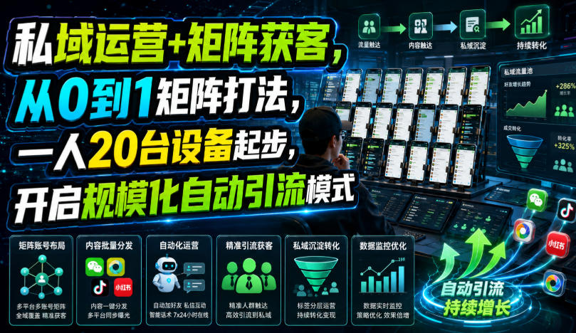 私域运营+矩阵获客，从0到1矩阵打法，一人20台设备起步，开启规模化自动引流模式！-百盟网