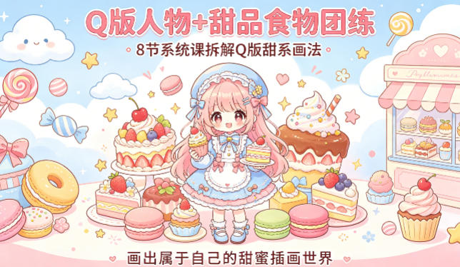 Q版人物+甜品食物团练，8节系统课拆解Q版甜系画法，画出属于自己的甜蜜插画世界-百盟网