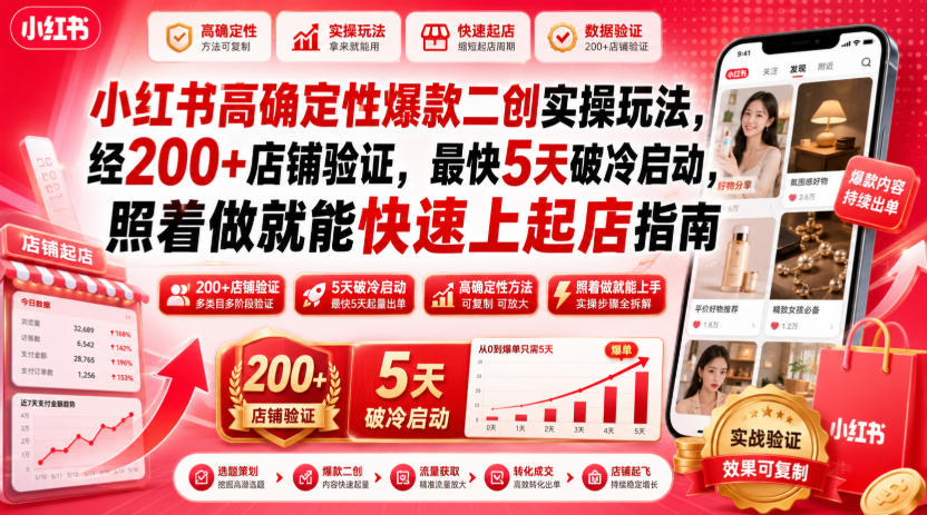 小红书高确定性爆款二创实操玩法，经200+店铺验证，最快5天破冷启动，照着做就能快速上起店指南-百盟网