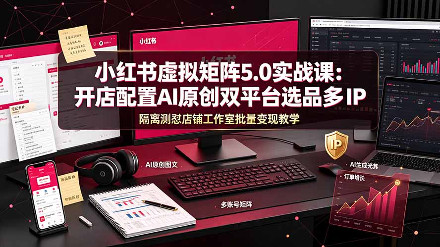 小红书虚拟矩阵5.0实战课：开店配置｜AI原创｜双平台选品｜多IP隔离｜测怼店铺工作室批量变现实操教学-百盟网