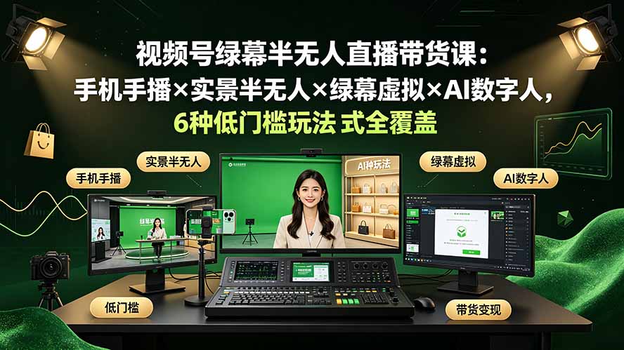 视频号绿幕半无人直播带货课：手机手播×实景半无人×绿幕虚拟×AI数字人，6种低门槛玩法全覆盖-百盟网