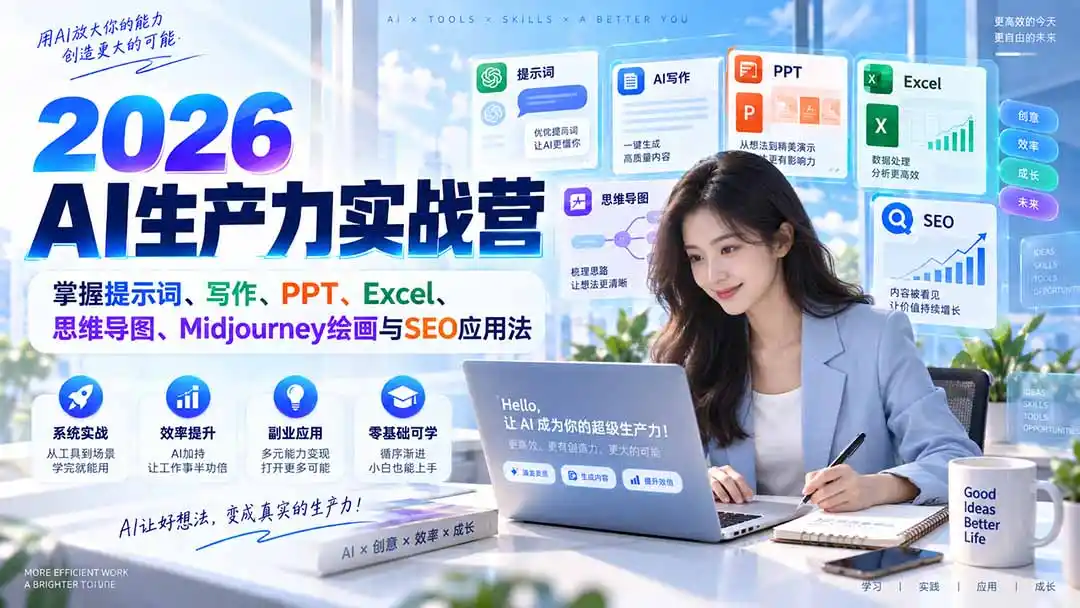 2026AI生产力实战营:掌握提示词、写作、PPT、Excel、思维导图、Midjourney绘画与SEO应用法 2026AI生产力实战营:掌握提示词、写作、PPT、Excel、思维导图、Midjourney绘画与SEO应用法