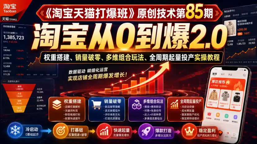 《淘宝天猫打爆班》原创技术第85期，淘宝从0到爆2.0，权重搭建、销量破零、多维组合玩法、全周期起量投产实操教程-百盟网