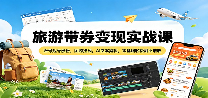 旅游带券变现实战课:账号起号涨粉,团购挂载,AI文案剪辑,零基础轻松副业增收-百盟网