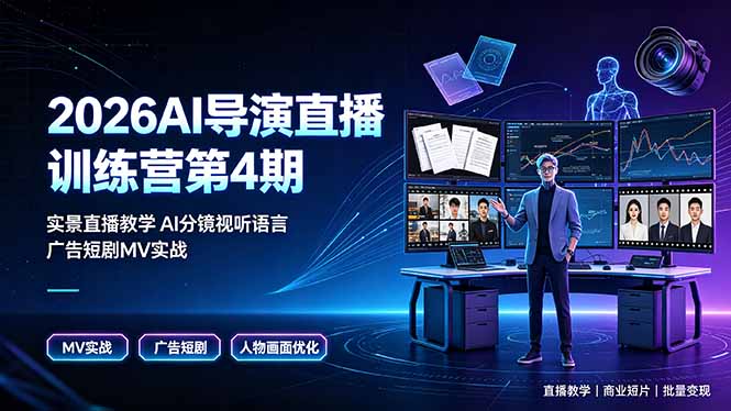 2026AI导演直播训练营第4期,实景直播教学AI分镜视听语言,广告短剧MV实战,解决人物画面崩坏痛点-百盟网