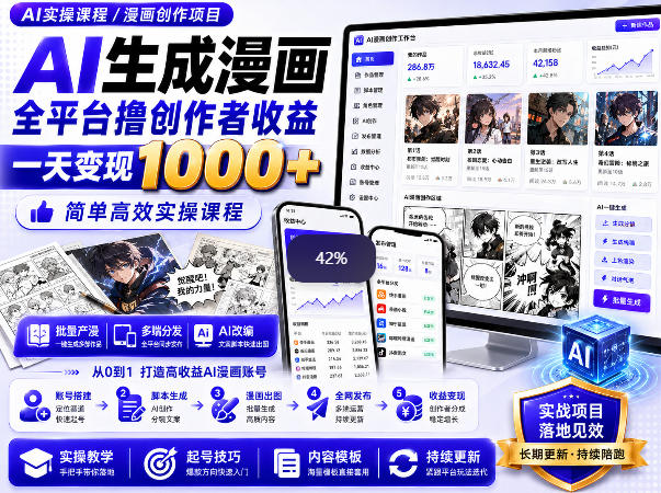 AI生成漫画全平台撸创作者收益内部课程,实操最高单日变现1k+-百盟网