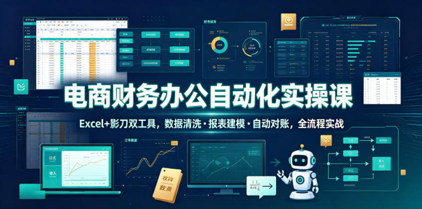 电商财务办公自动化实操课,Excel+影刀双工具,数据清洗・报表建模・自动对账,全流程实战-百盟网